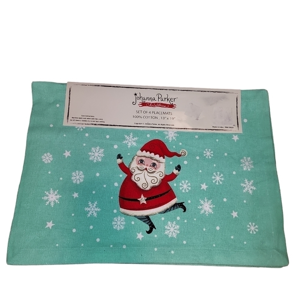 JOHANNA PARKER Mint Green SANTA CLAUS Christmas Cotton PLACEMATS Set of … - Picture 4 of 7